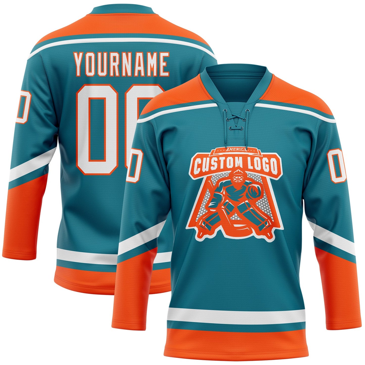 Custom Teal White-Orange Hockey Lace Neck Jersey view 2