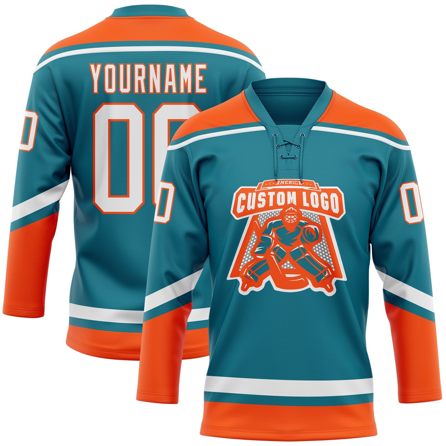 Custom Teal White-Orange Hockey Lace Neck Jersey view 2