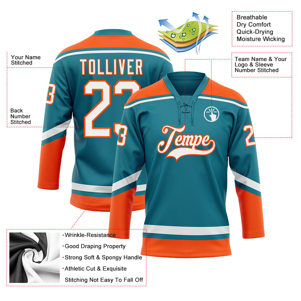 Custom Teal White-Orange Hockey Lace Neck Jersey view 3