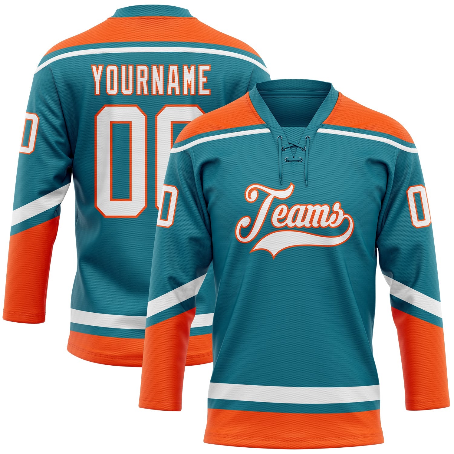 Custom Teal White-Orange Hockey Lace Neck Jersey - Main View