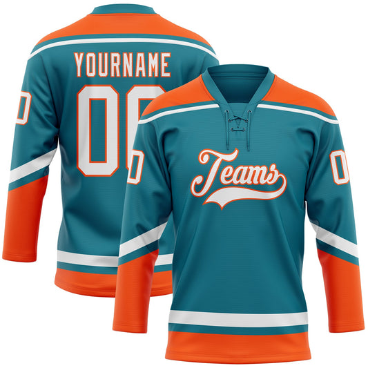 Custom Teal White-Orange Hockey Lace Neck Jersey - Main View