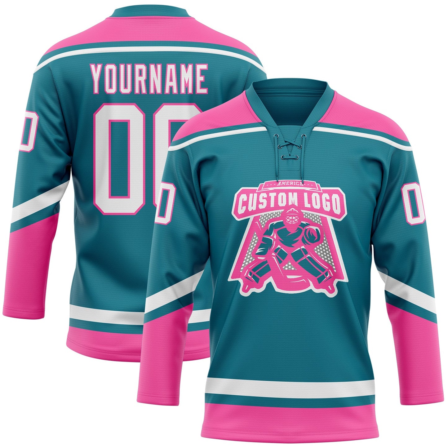 Custom Teal White-Pink Hockey Lace Neck Jersey view 2
