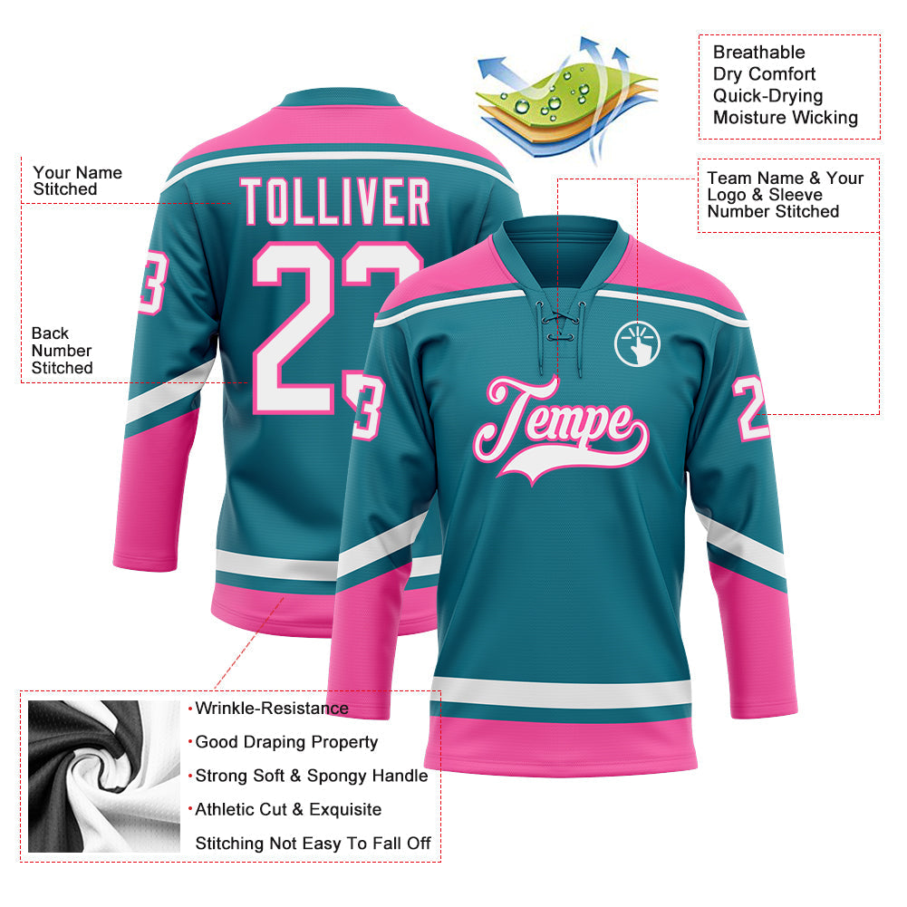Custom Teal White-Pink Hockey Lace Neck Jersey view 3