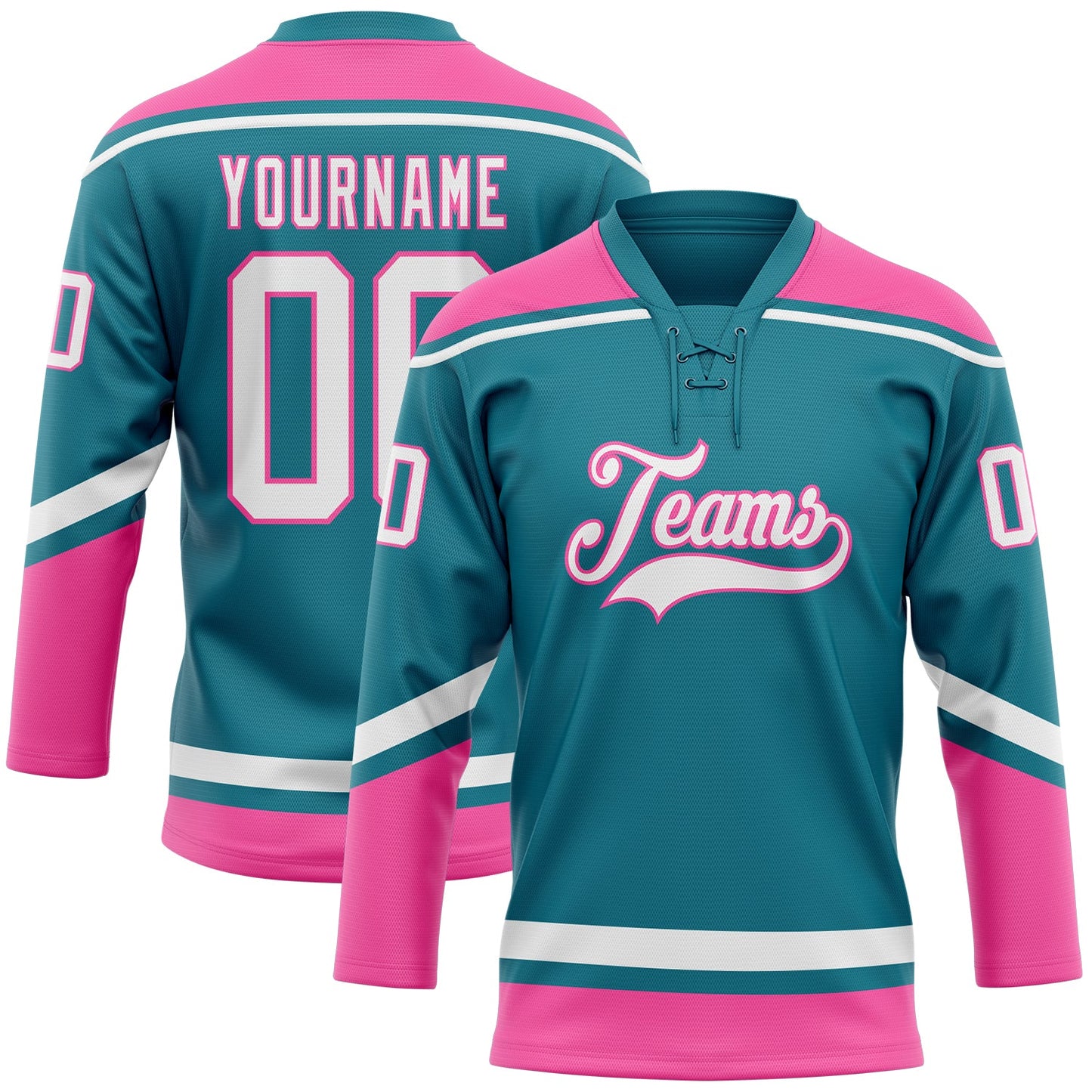 Custom Teal White-Pink Hockey Lace Neck Jersey - Main View