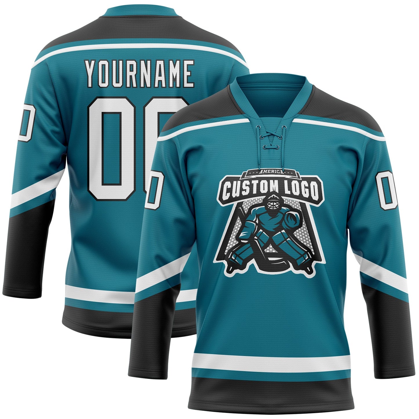 Custom Teal White-Black Hockey Lace Neck Jersey view 2