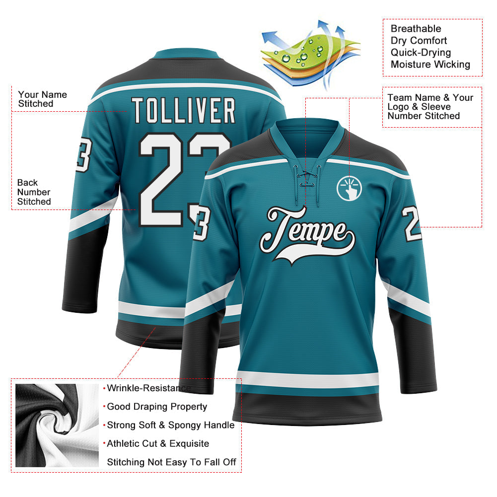 Custom Teal White-Black Hockey Lace Neck Jersey view 3