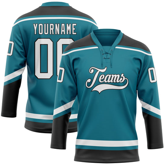 Custom Teal White-Black Hockey Lace Neck Jersey - Main View
