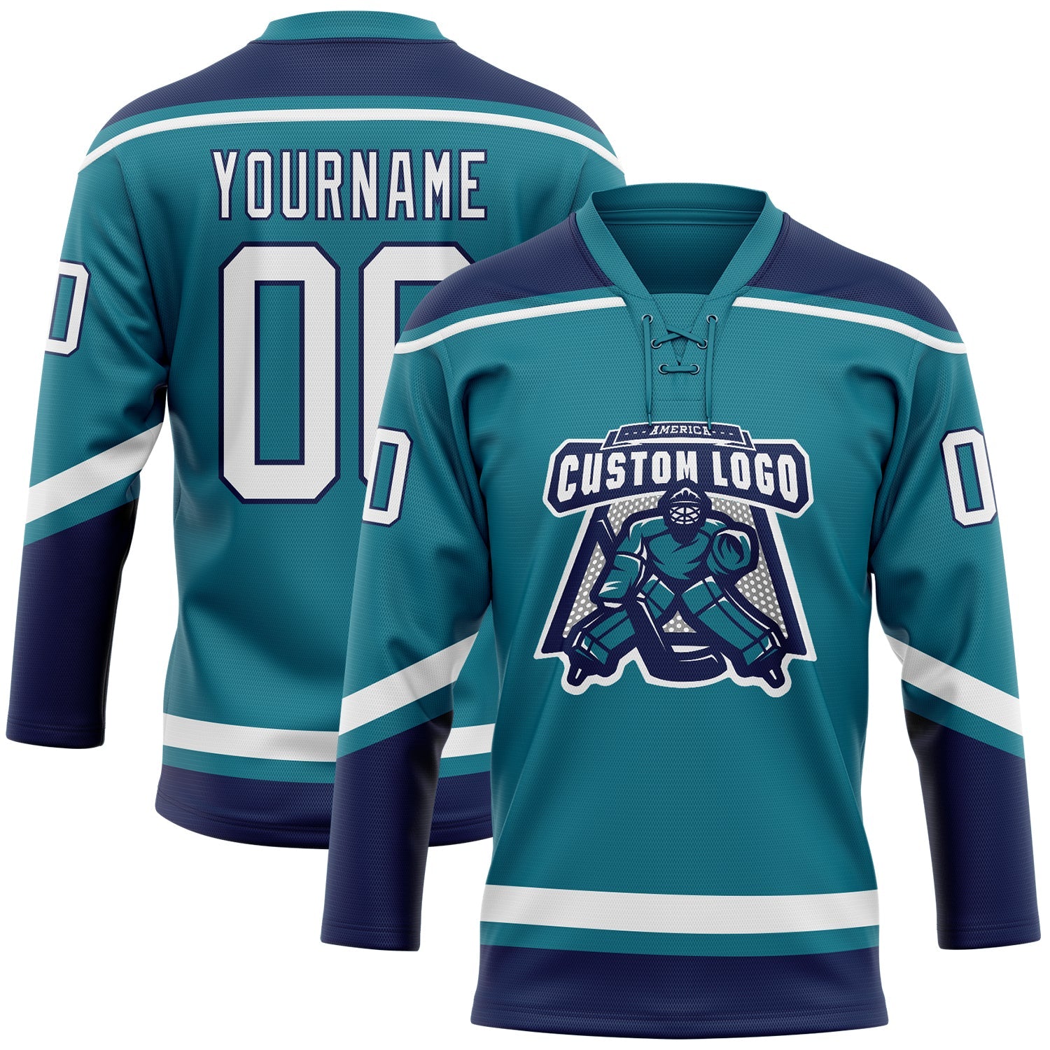 Custom Teal White-Navy Hockey Lace Neck Jersey view 2