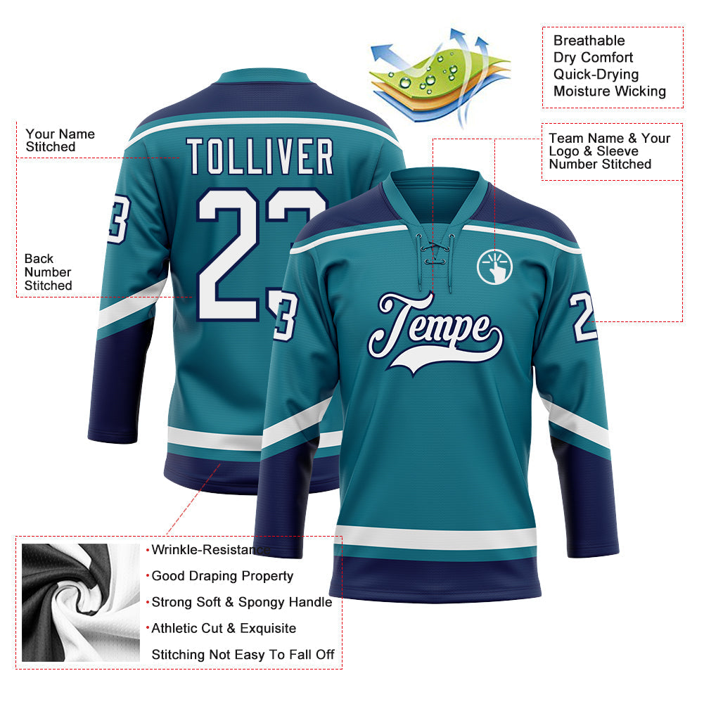 Custom Teal White-Navy Hockey Lace Neck Jersey view 3
