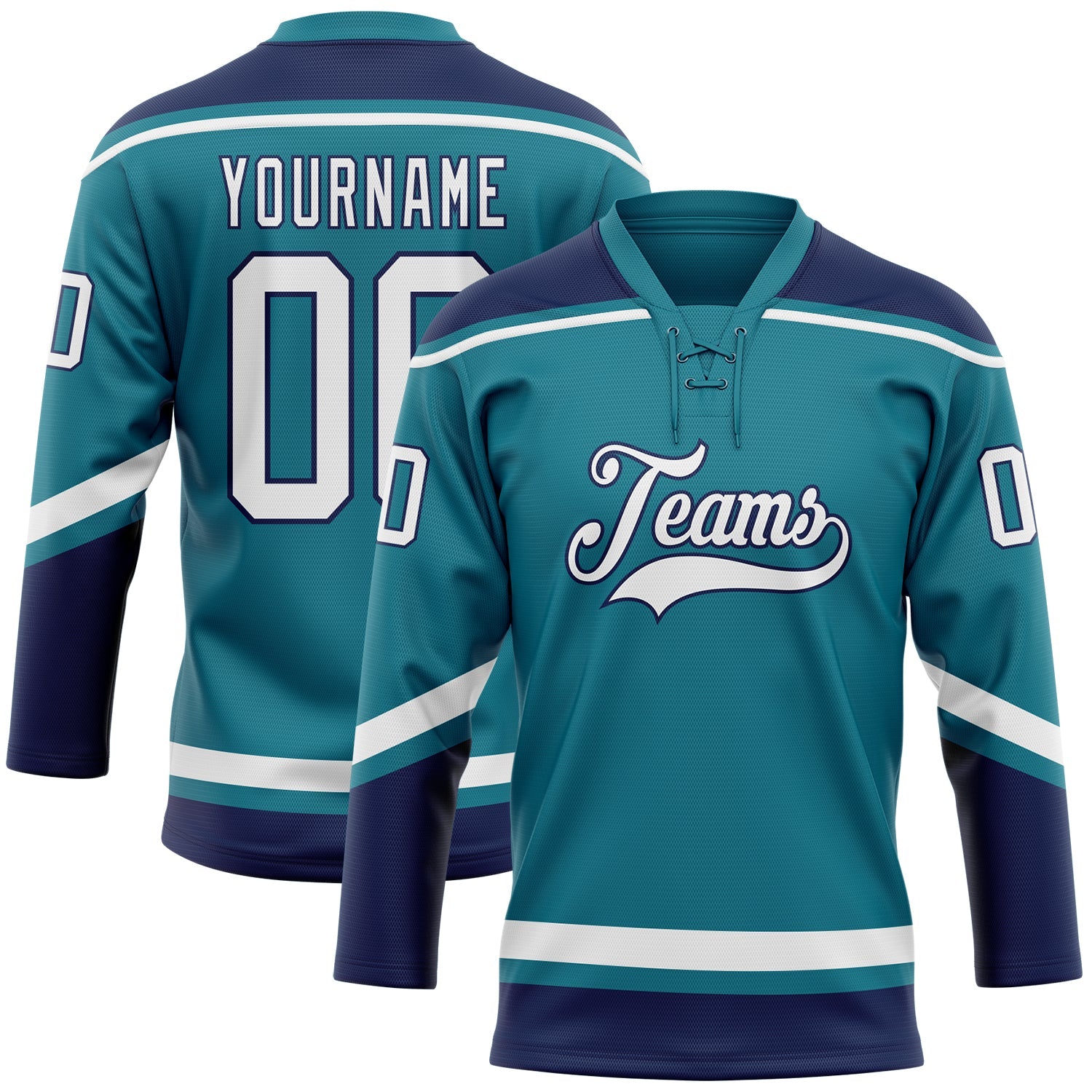 Custom Teal White-Navy Hockey Lace Neck Jersey - Main View