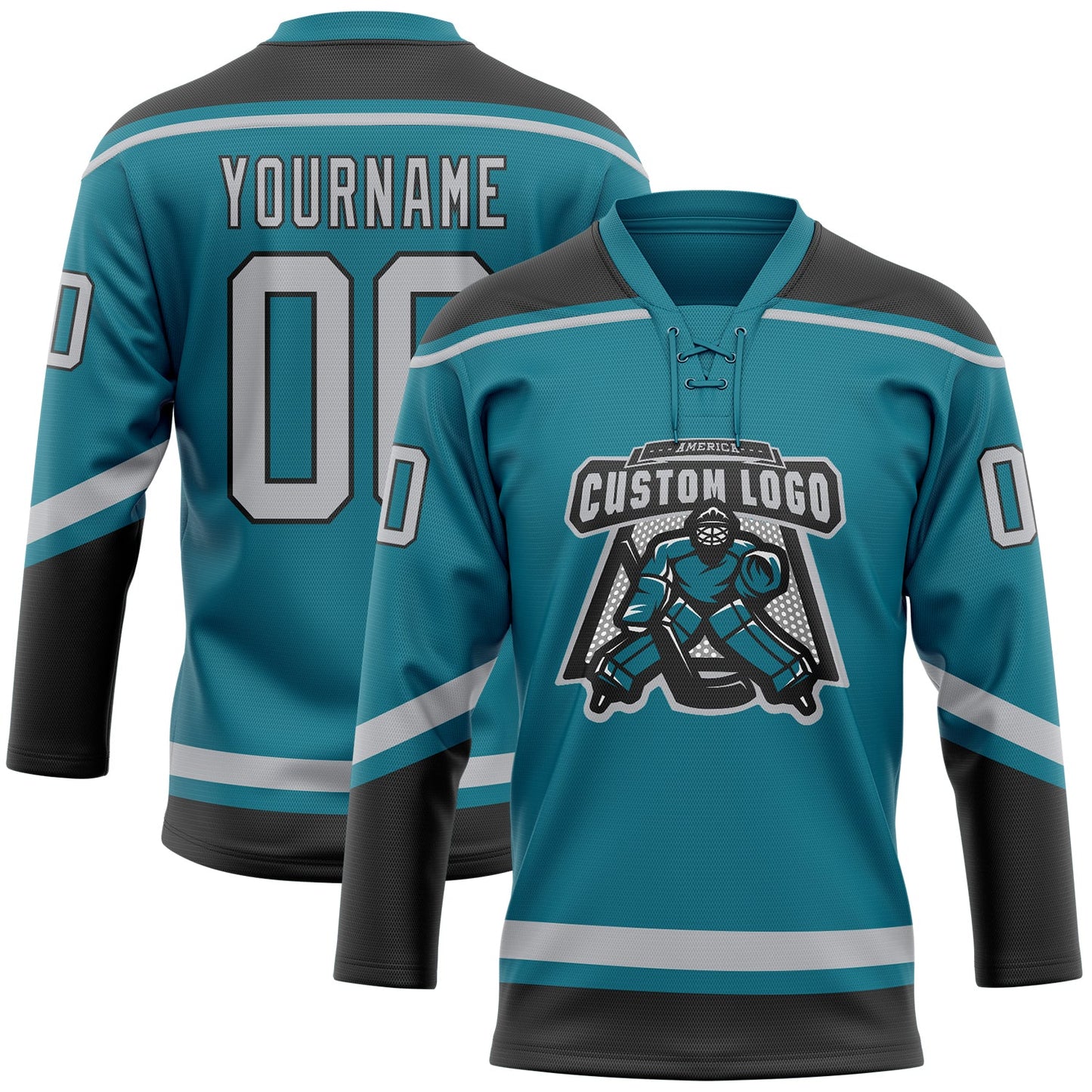 Custom Teal Gray-Black Hockey Lace Neck Jersey view 2