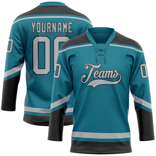 Custom Teal Gray-Black Hockey Lace Neck Jersey - Main View