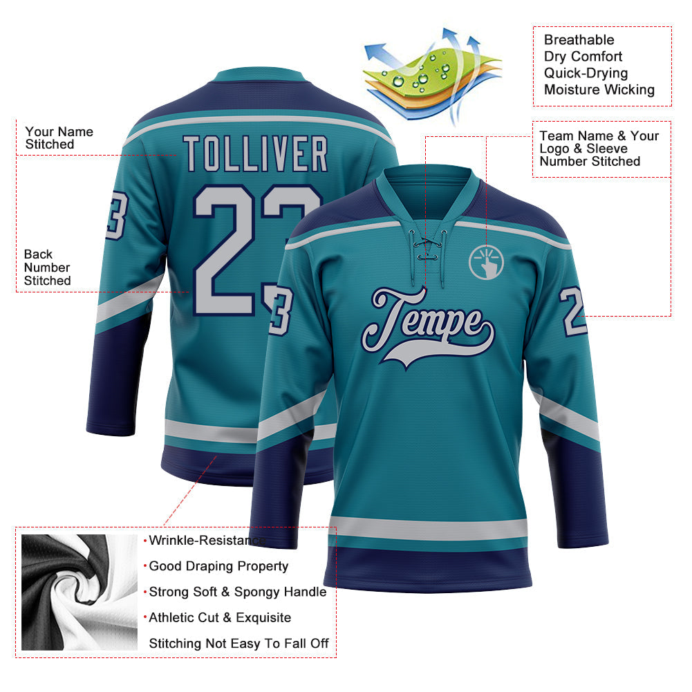 Custom Teal Gray-Navy Hockey Lace Neck Jersey view 3