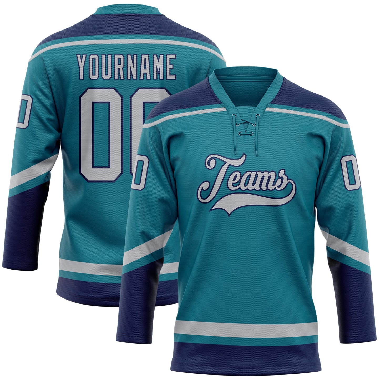 Custom Teal Gray-Navy Hockey Lace Neck Jersey - Main View