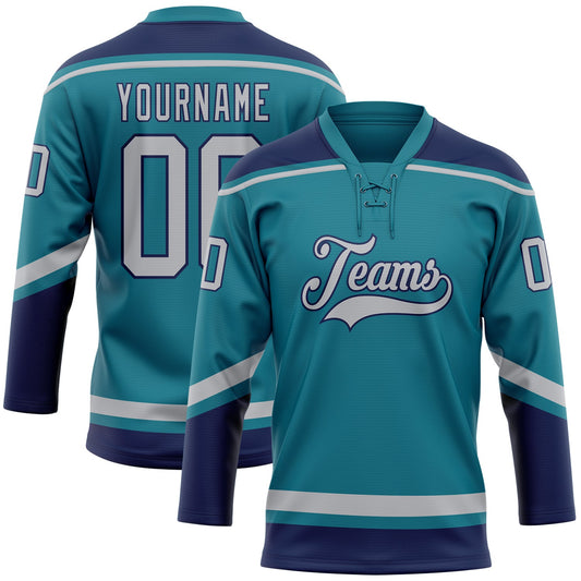 Custom Teal Gray-Navy Hockey Lace Neck Jersey - Main View