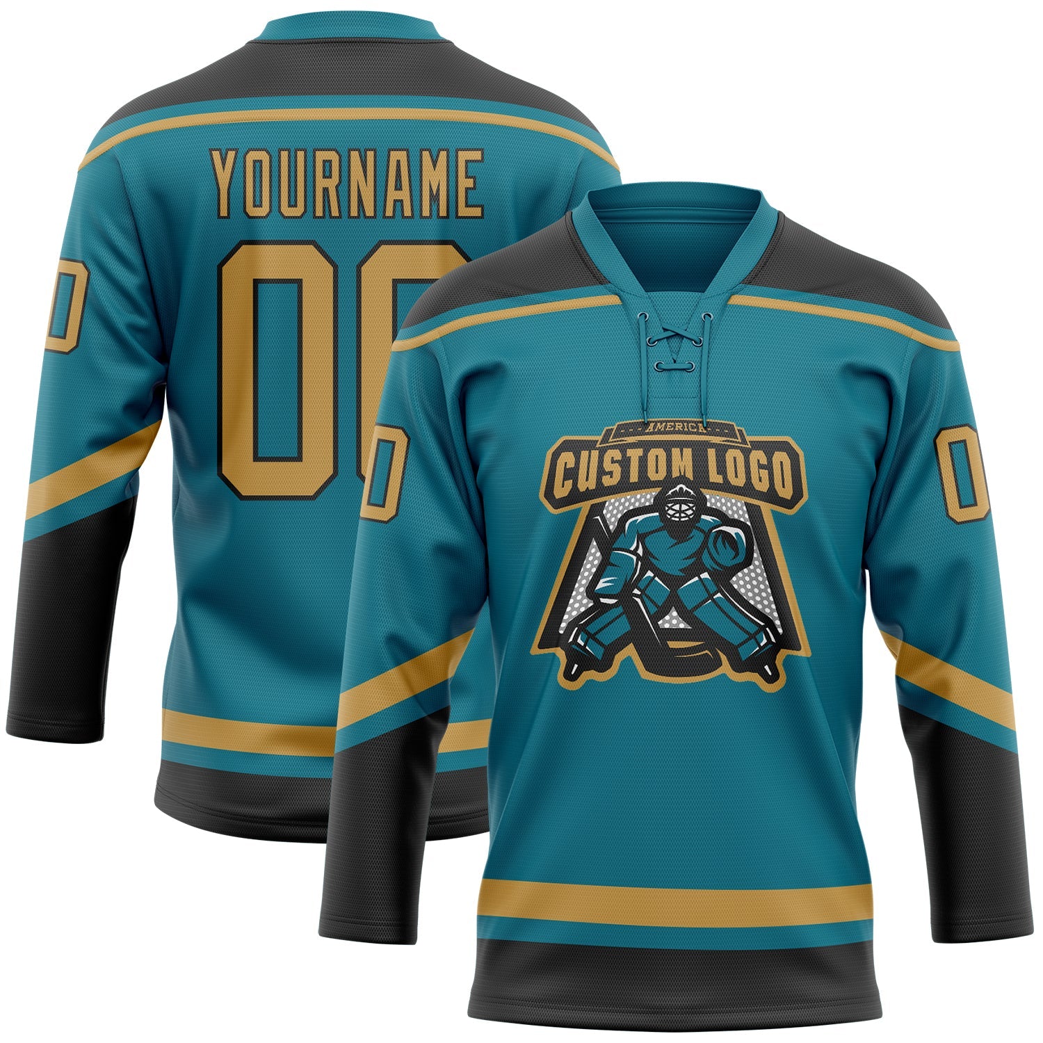 Custom Teal Old Gold-Black Hockey Lace Neck Jersey view 2