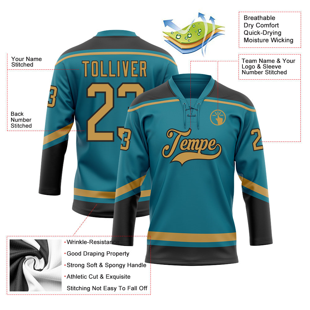 Custom Teal Old Gold-Black Hockey Lace Neck Jersey view 3