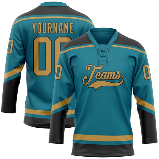 Custom Teal Old Gold-Black Hockey Lace Neck Jersey - Main View