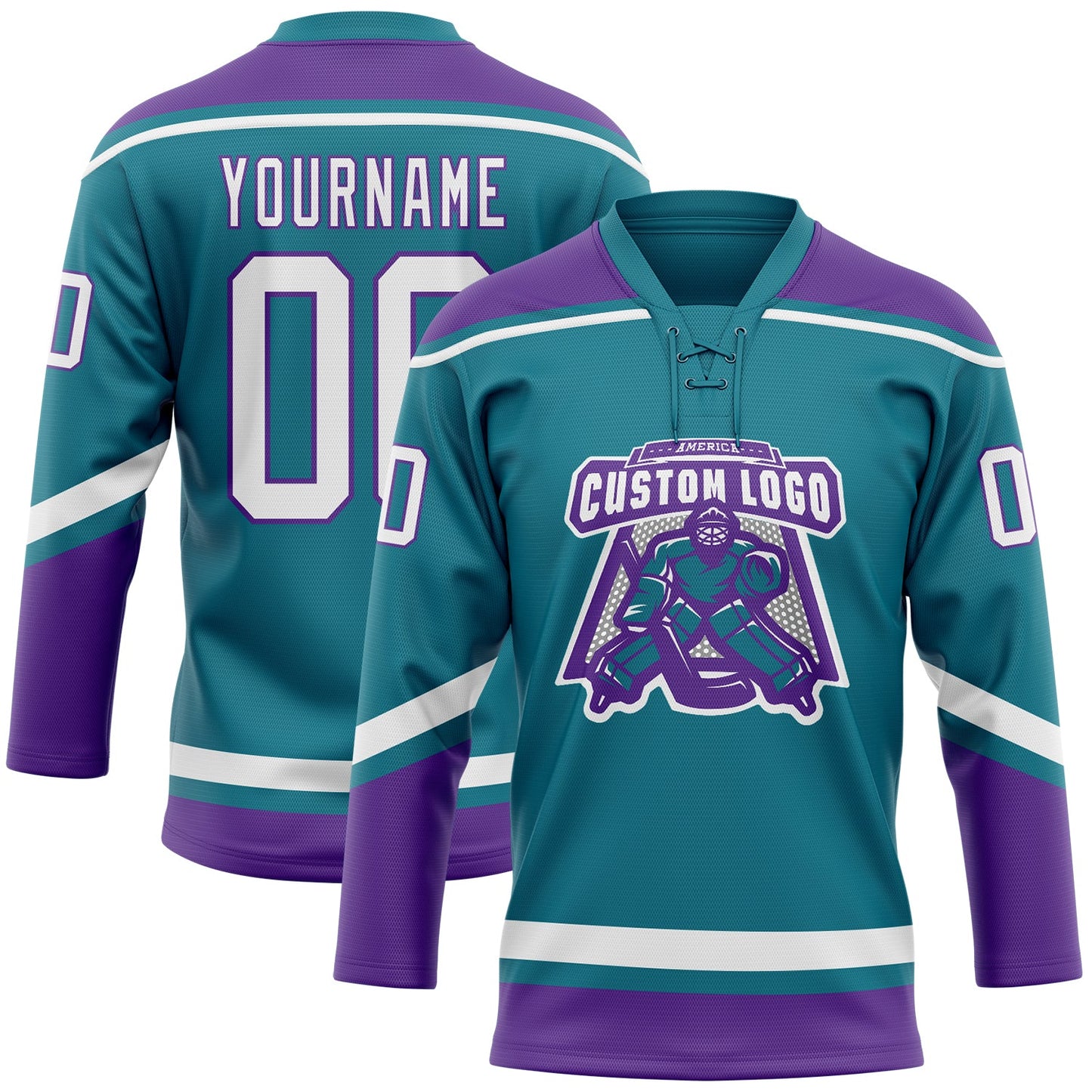 Custom Teal White-Purple Hockey Lace Neck Jersey view 2