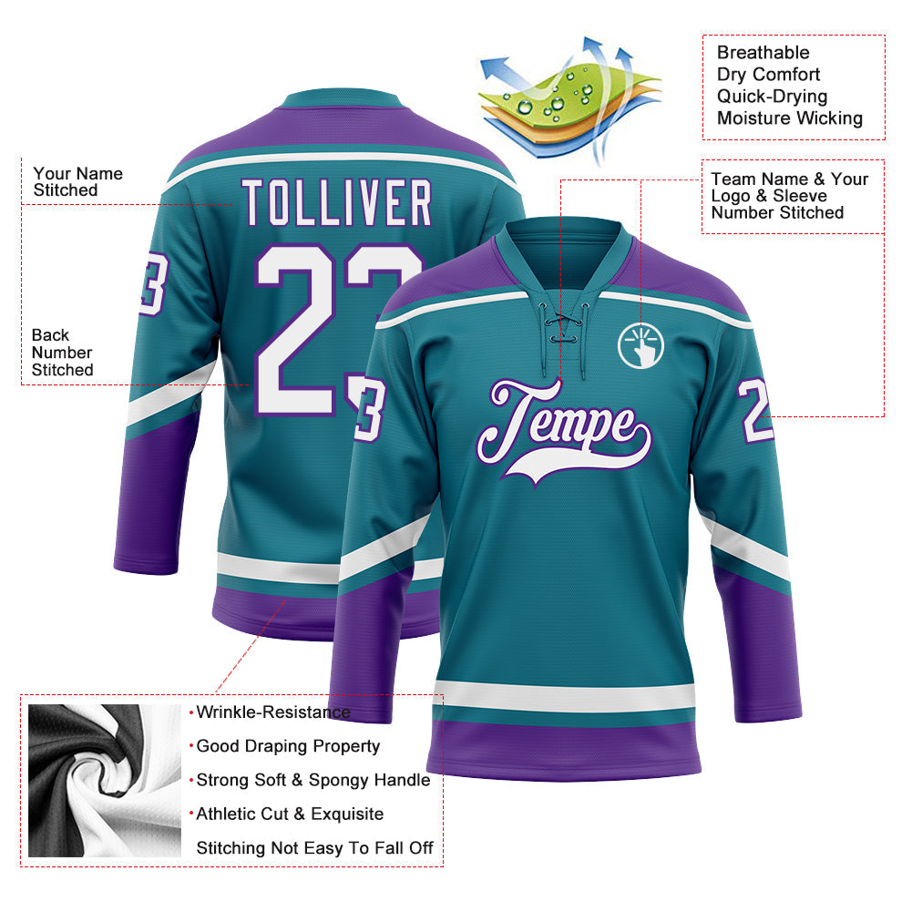 Custom Teal White-Purple Hockey Lace Neck Jersey view 3
