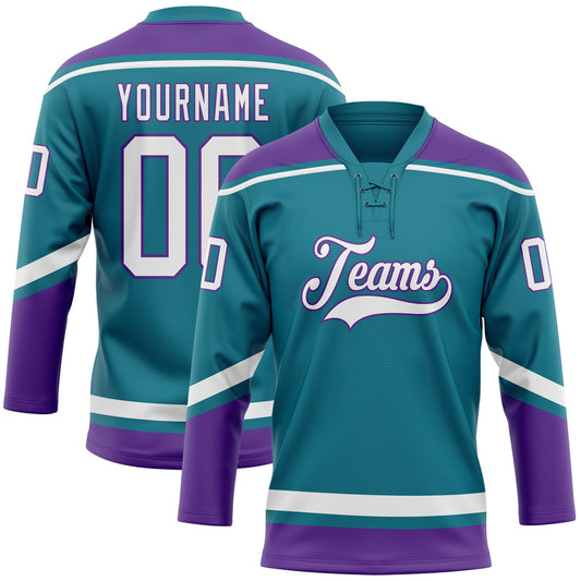 Custom Teal White-Purple Hockey Lace Neck Jersey - Main View