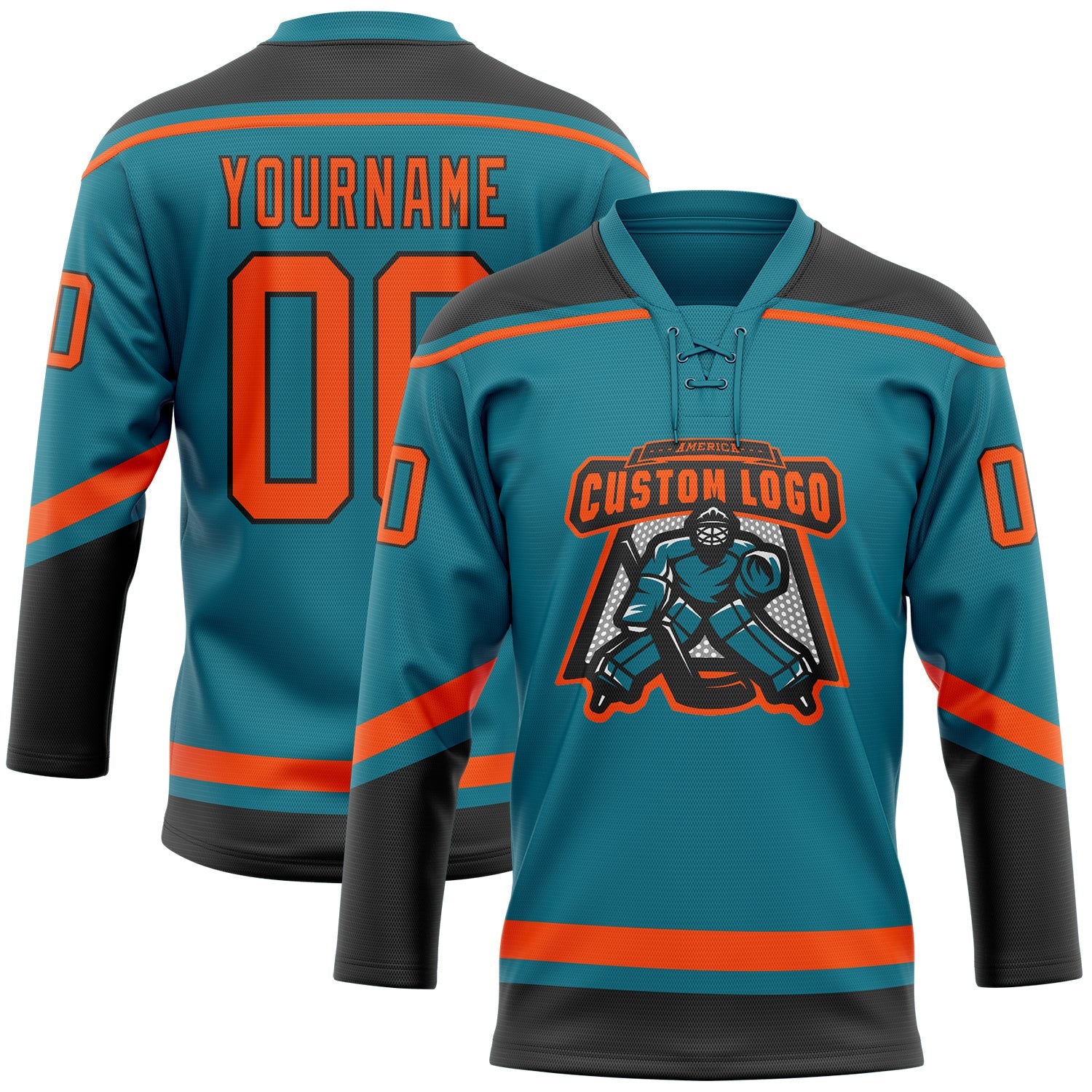 Custom Teal Orange-Black Hockey Lace Neck Jersey view 2