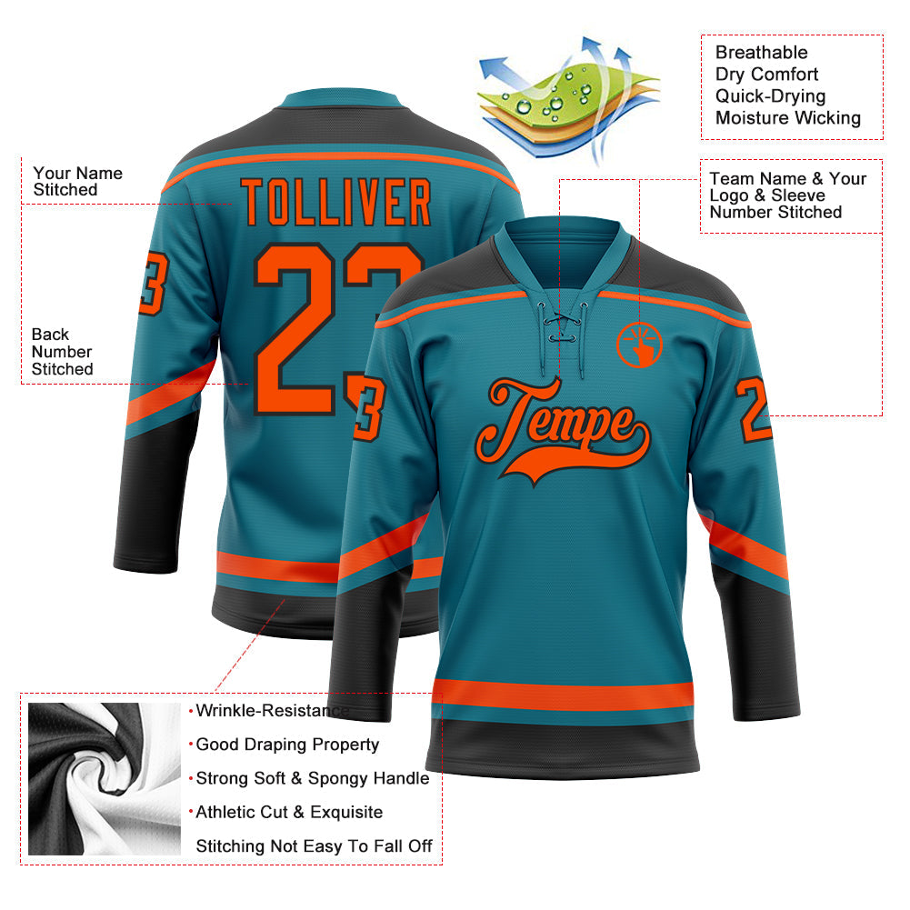 Custom Teal Orange-Black Hockey Lace Neck Jersey view 3