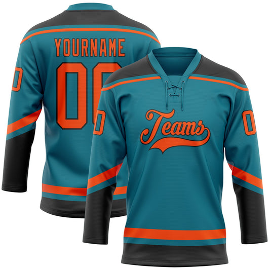 Custom Teal Orange-Black Hockey Lace Neck Jersey - Main View