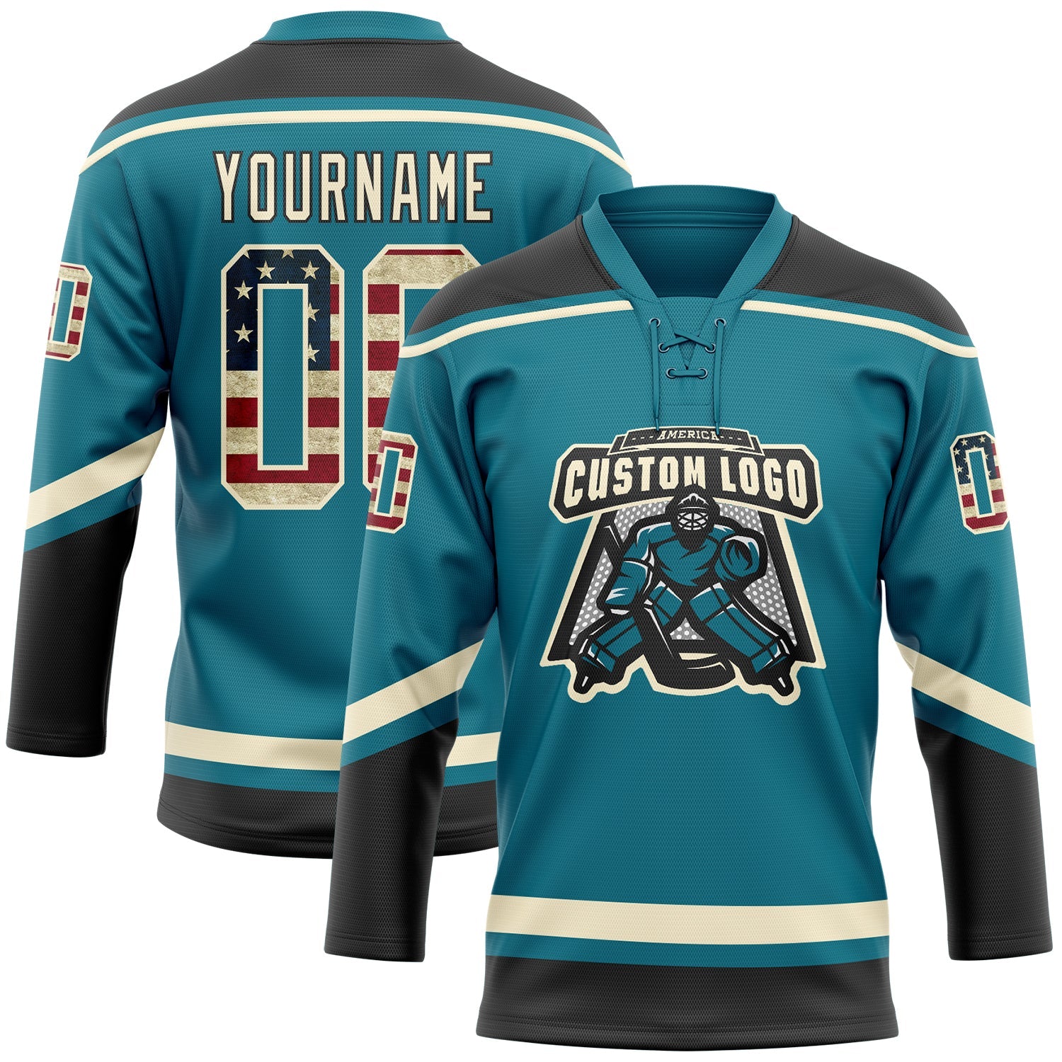 Custom Teal Vintage USA Flag Cream-Black Hockey Lace Neck Jersey view 2