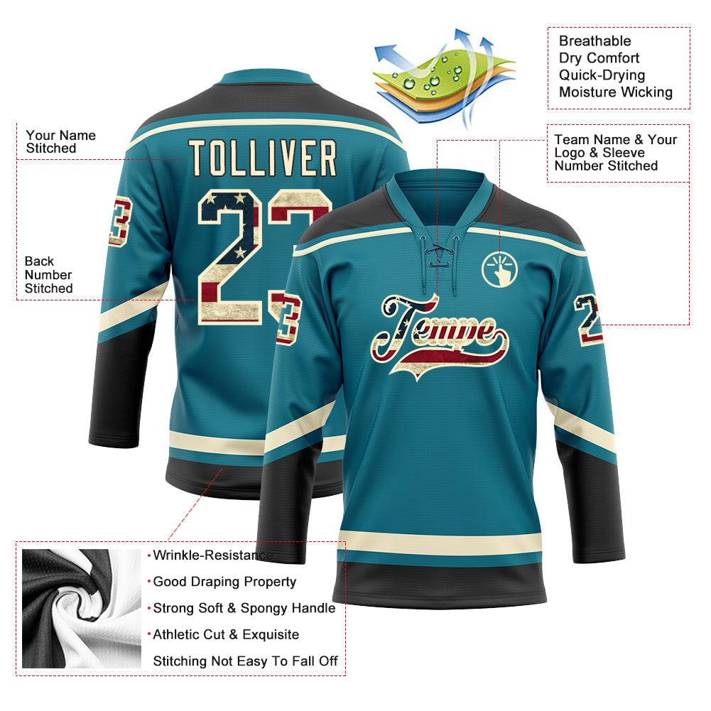 Custom Teal Vintage USA Flag Cream-Black Hockey Lace Neck Jersey view 3