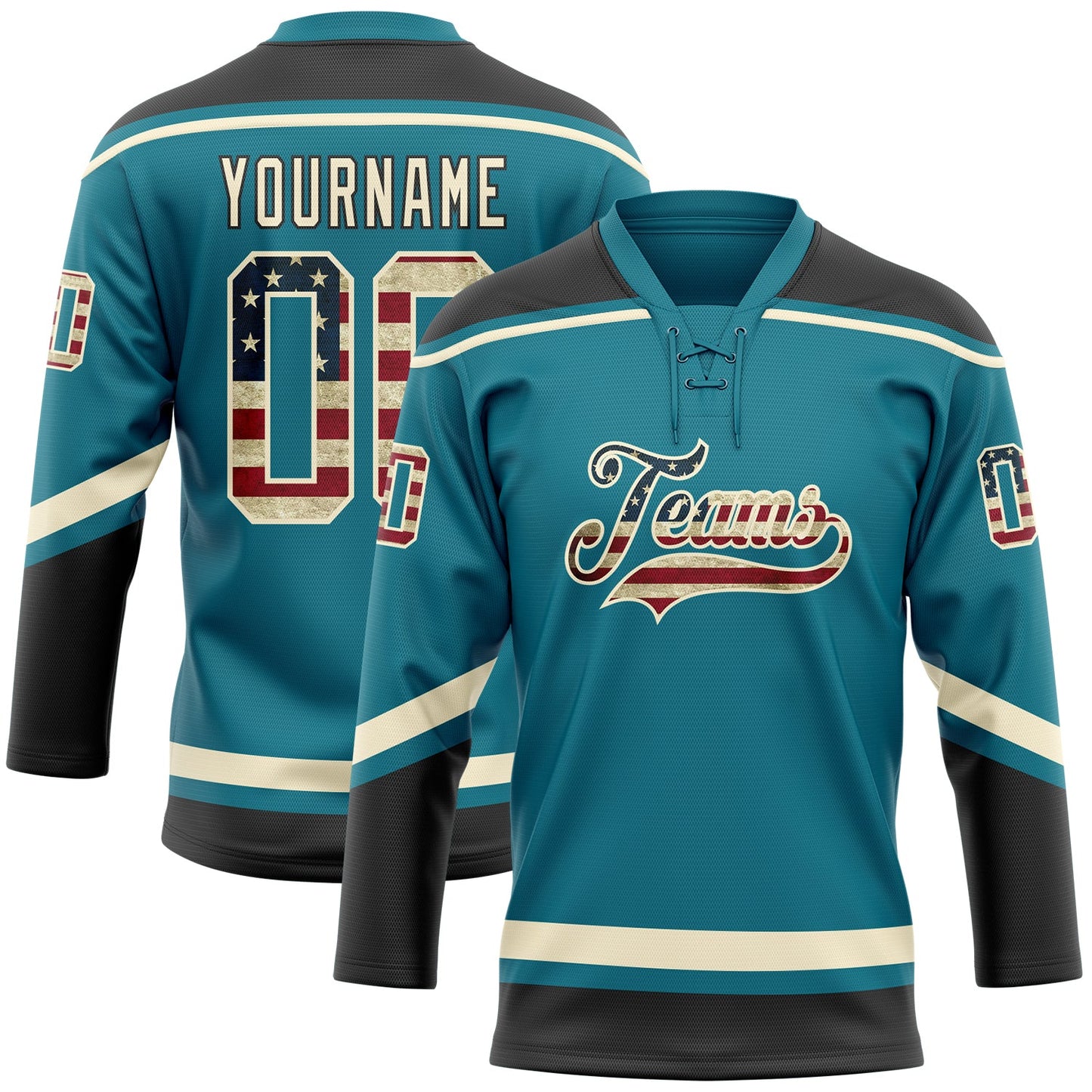 Custom Teal Vintage USA Flag Cream-Black Hockey Lace Neck Jersey - Main View
