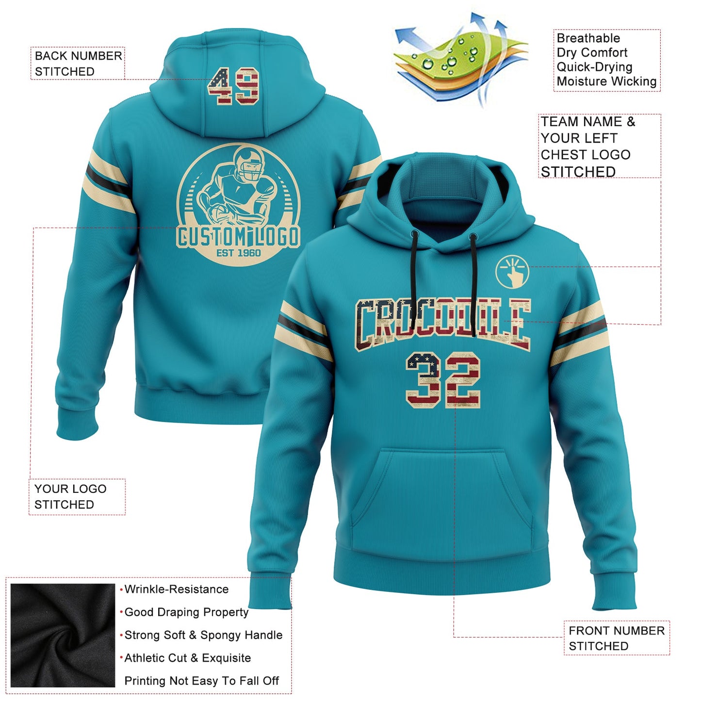 Custom Stitched Teal Vintage USA Flag City Cream-Black Football Pullover Sweatshirt Hoodie view 2