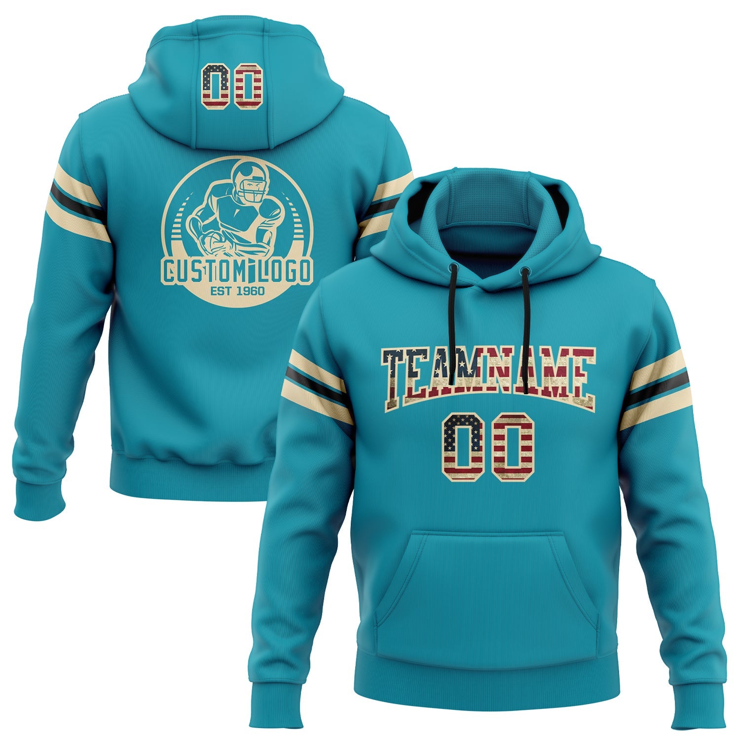 Custom Stitched Teal Vintage USA Flag City Cream-Black Football Pullover Sweatshirt Hoodie - Main View