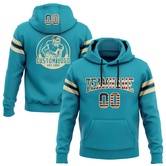 Custom Stitched Teal Vintage USA Flag City Cream-Black Football Pullover Sweatshirt Hoodie - Main View