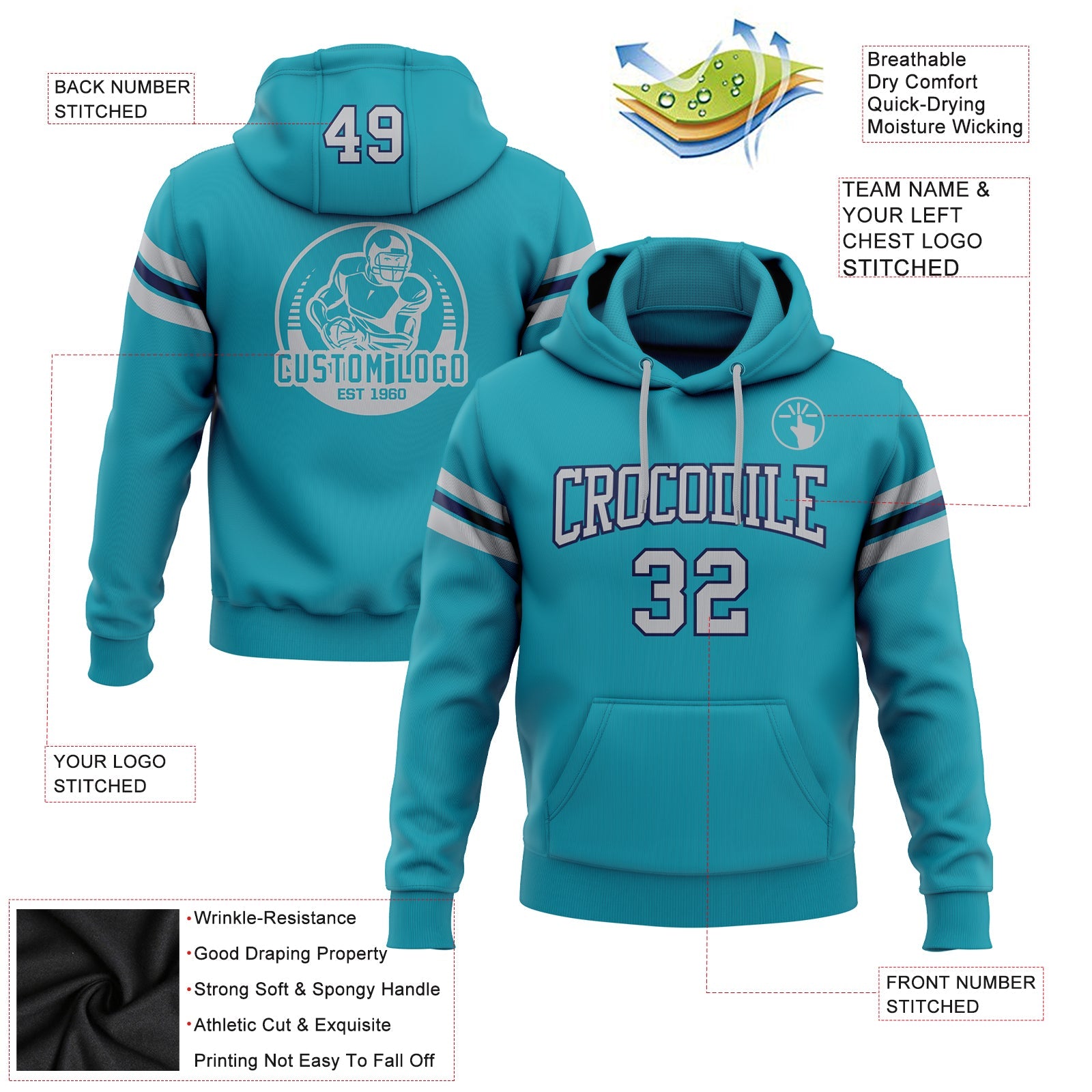 Custom Stitched Teal Gray-Navy Football Pullover Sweatshirt Hoodie view 2