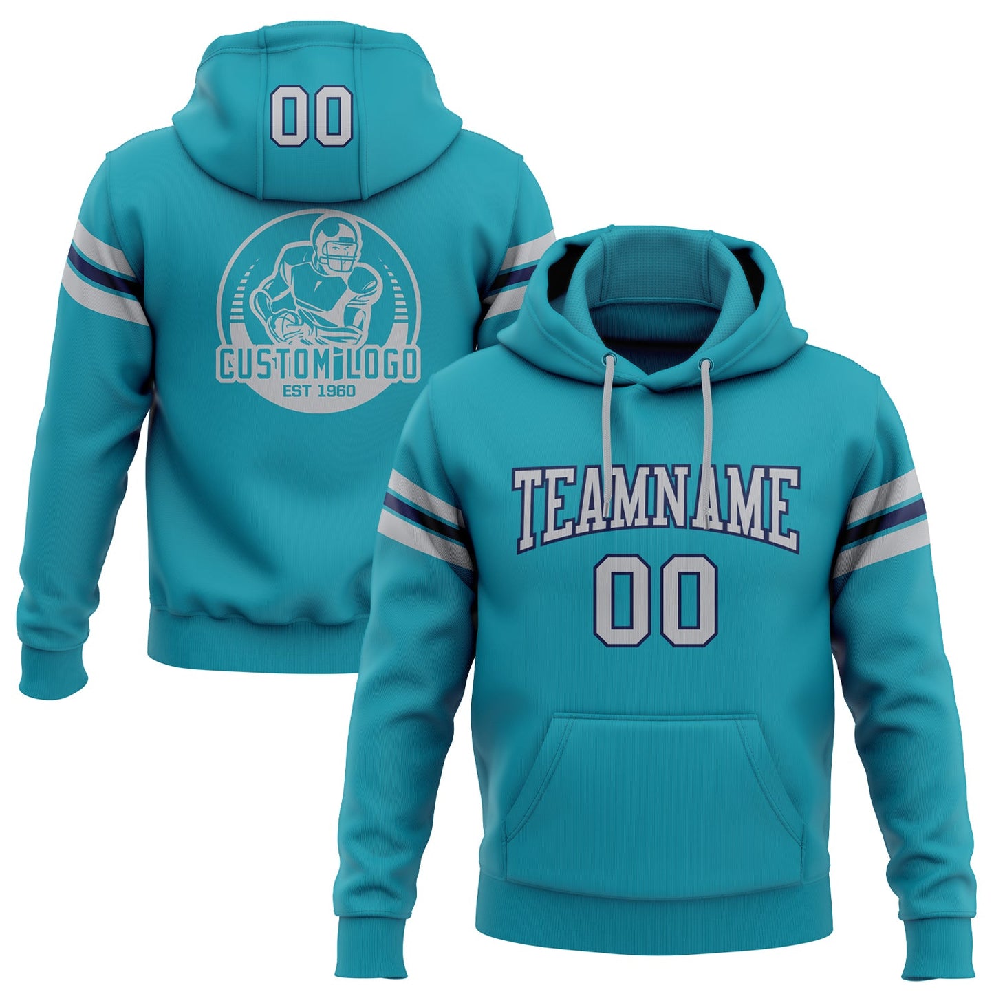 Custom Stitched Teal Gray-Navy Football Pullover Sweatshirt Hoodie - Main View