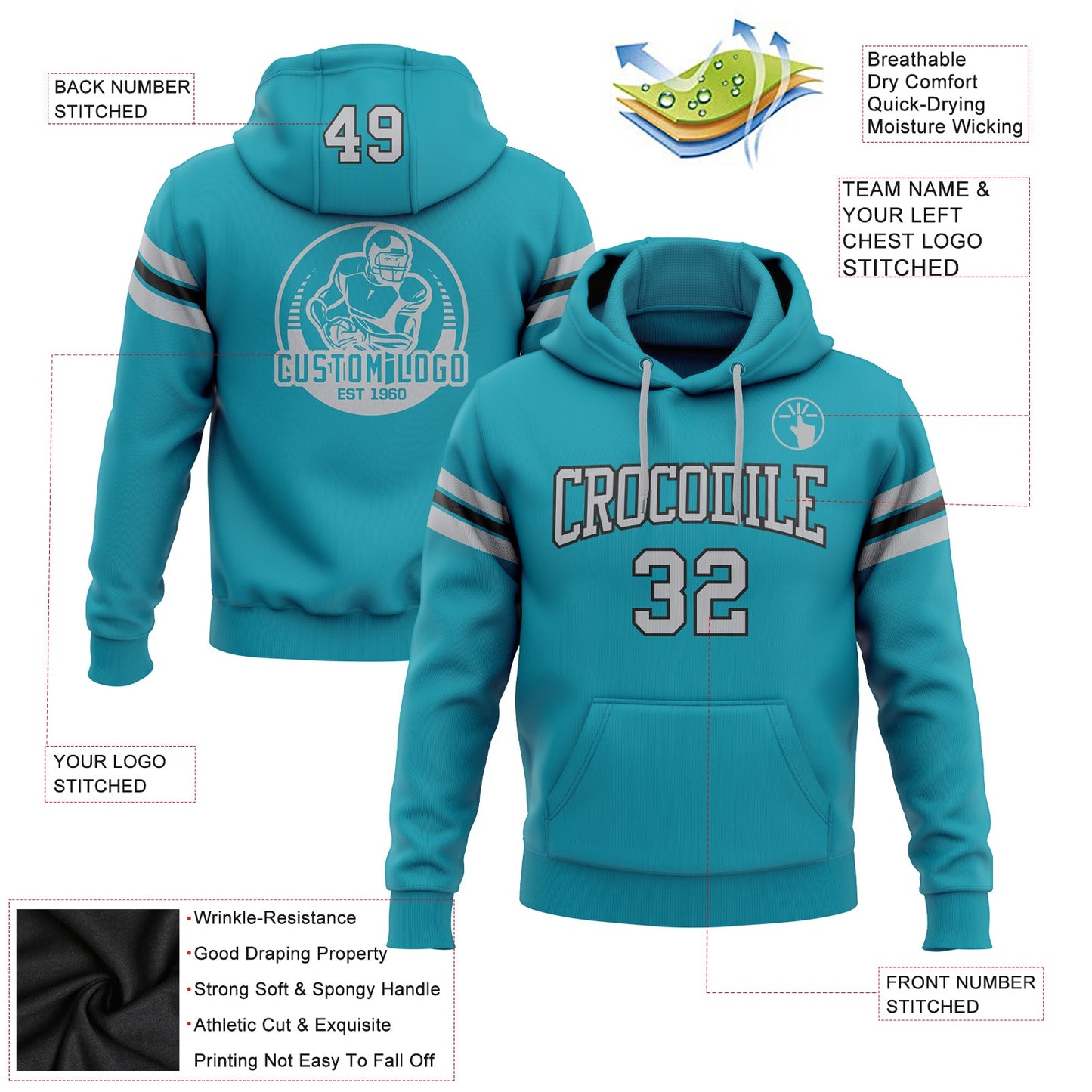 Custom Stitched Teal Gray-Black Football Pullover Sweatshirt Hoodie view 2