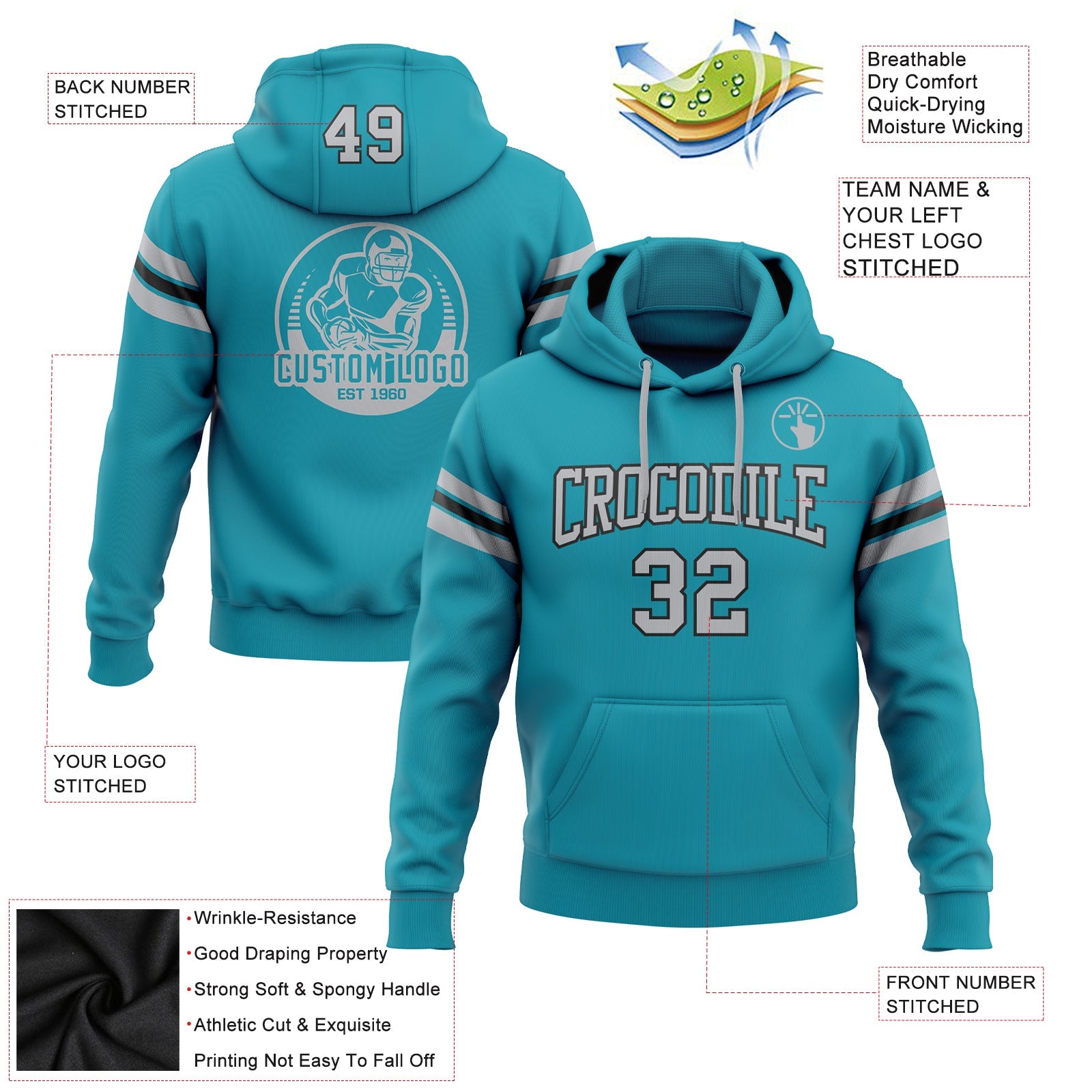 Custom Stitched Teal Gray-Black Football Pullover Sweatshirt Hoodie view 2