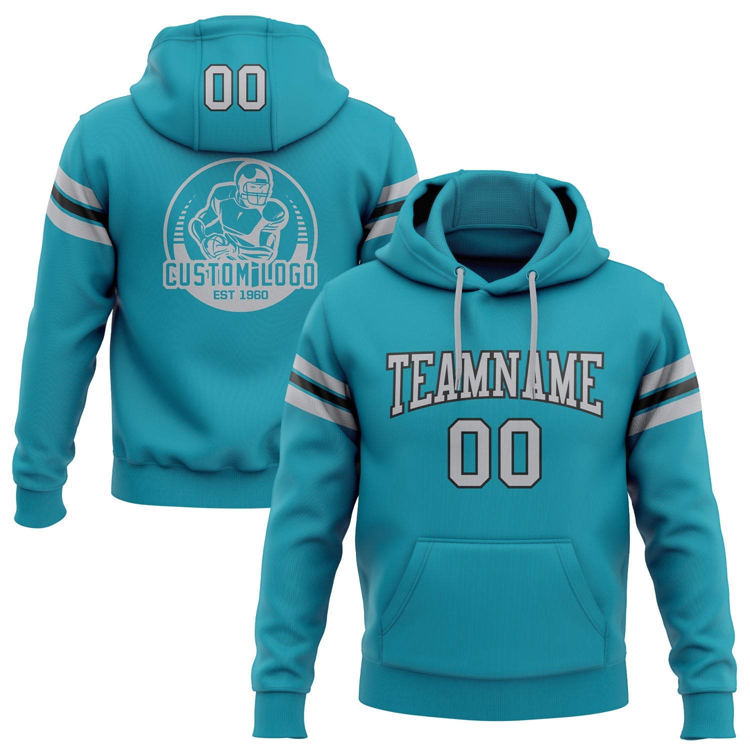 Custom Stitched Teal Gray-Black Football Pullover Sweatshirt Hoodie - Main View