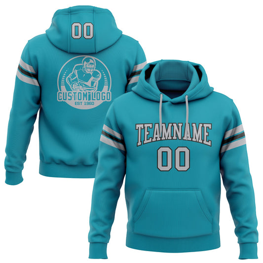 Custom Stitched Teal Gray-Black Football Pullover Sweatshirt Hoodie - Main View