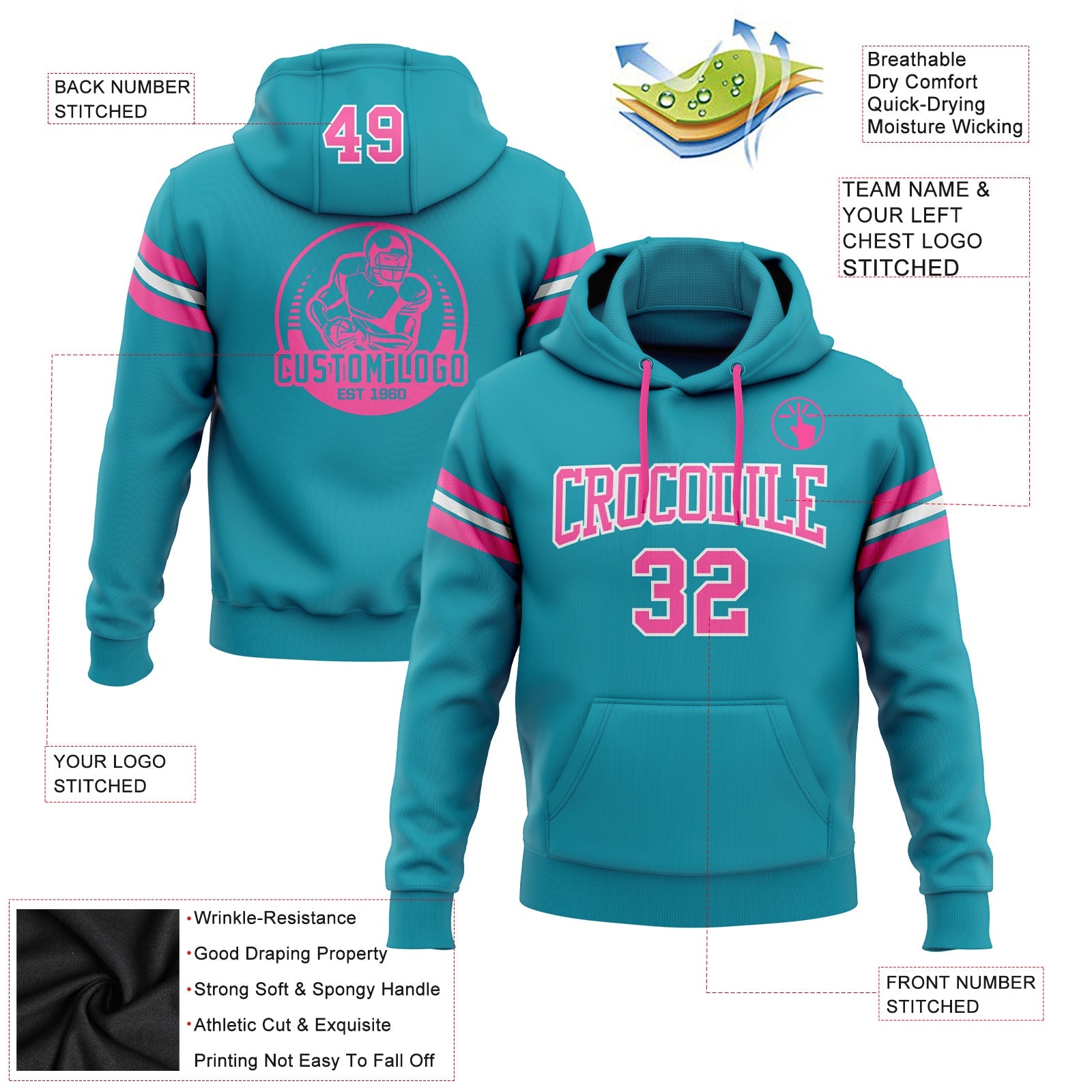 Custom Stitched Teal Pink-White Football Pullover Sweatshirt Hoodie view 2