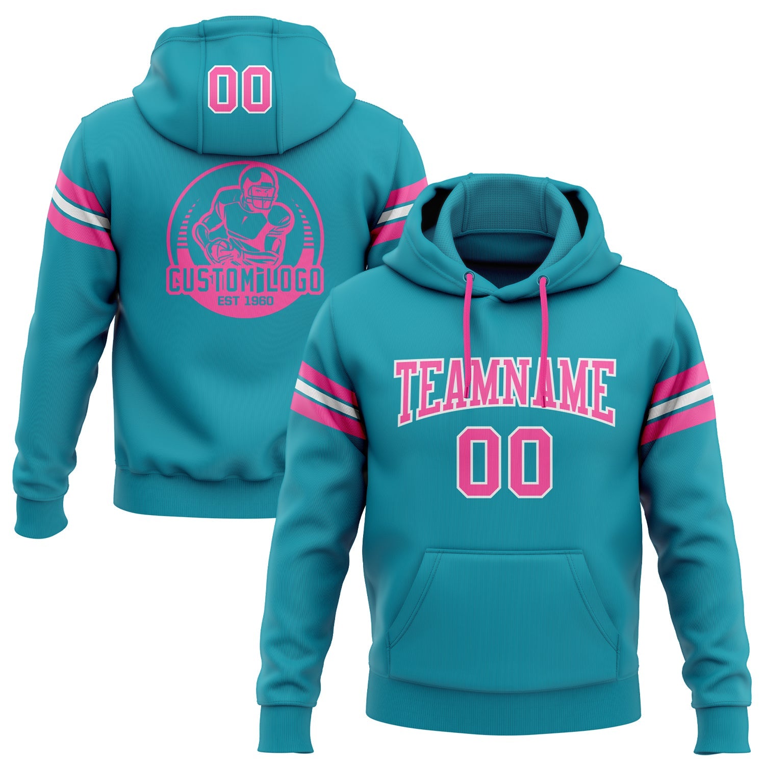 Custom Stitched Teal Pink-White Football Pullover Sweatshirt Hoodie - Main View