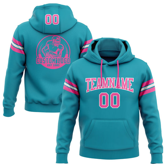 Custom Stitched Teal Pink-White Football Pullover Sweatshirt Hoodie - Main View