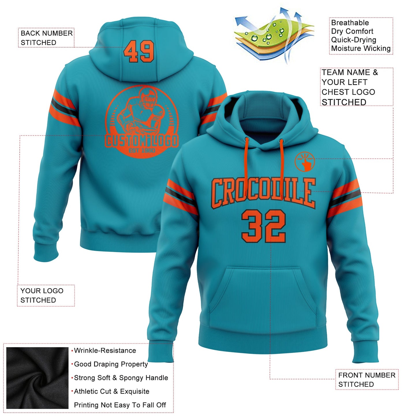 Custom Stitched Teal Orange-Black Football Pullover Sweatshirt Hoodie view 2
