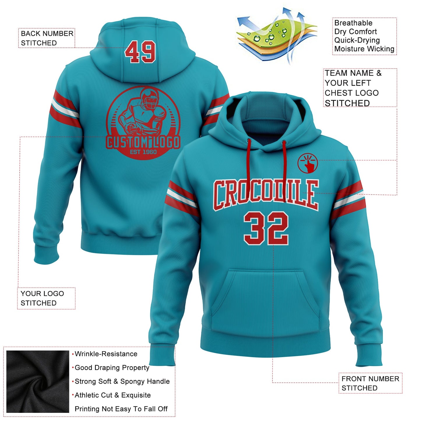 Custom Stitched Teal Red-White Football Pullover Sweatshirt Hoodie view 2