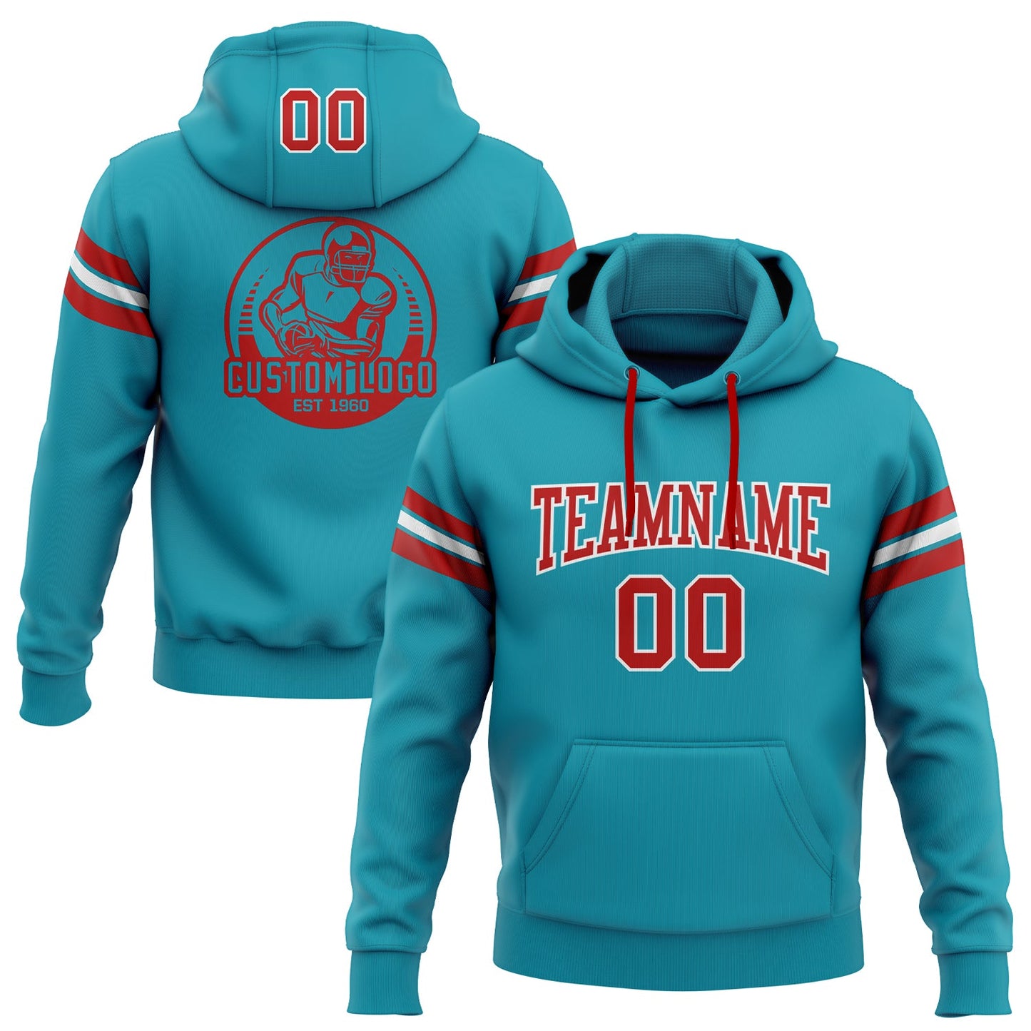 Custom Stitched Teal Red-White Football Pullover Sweatshirt Hoodie - Main View