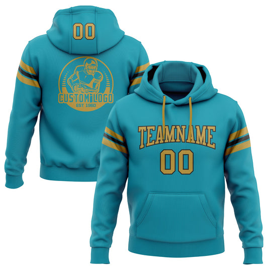 Custom Stitched Teal Old Gold-Black Football Pullover Sweatshirt Hoodie - Main View