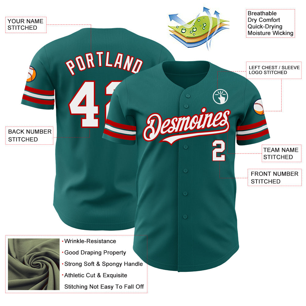 Custom Teal White-Red Authentic Baseball Jersey view 3