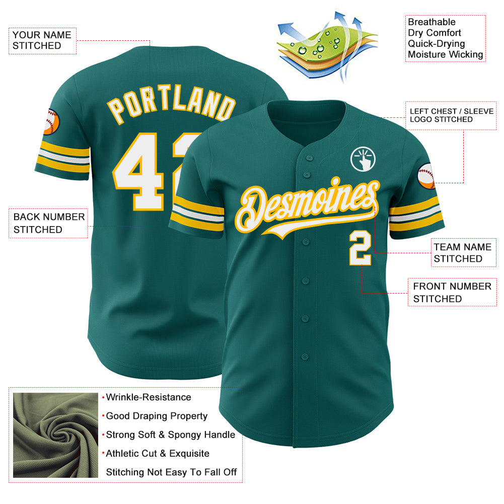 Custom Teal White-Gold Authentic Baseball Jersey view 3
