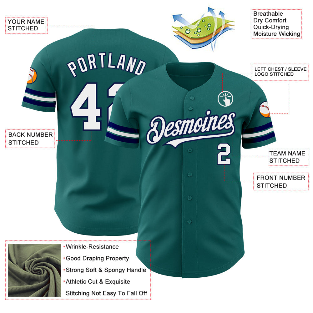Custom Teal White-Navy Authentic Baseball Jersey view 3